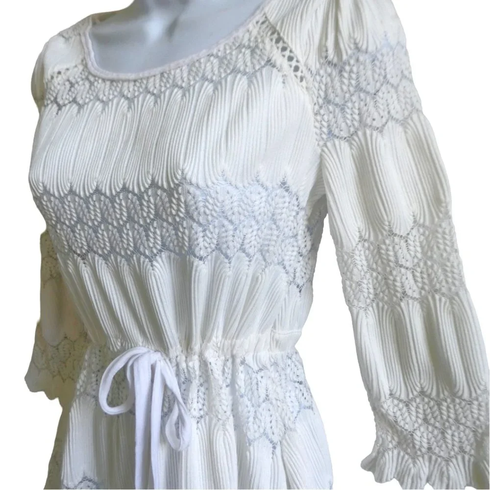 Free People Fire Island White Crochet Open Knit Top Scallop Hem Raglan Size XS
